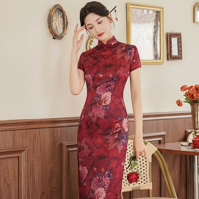 Large Size 4Xl 4Xl 5Xl Chinese Qipao Cheongsam Woman Chinese Traditional Dress Floral Print Slitting Hem Bodycon Sexy Vestidos