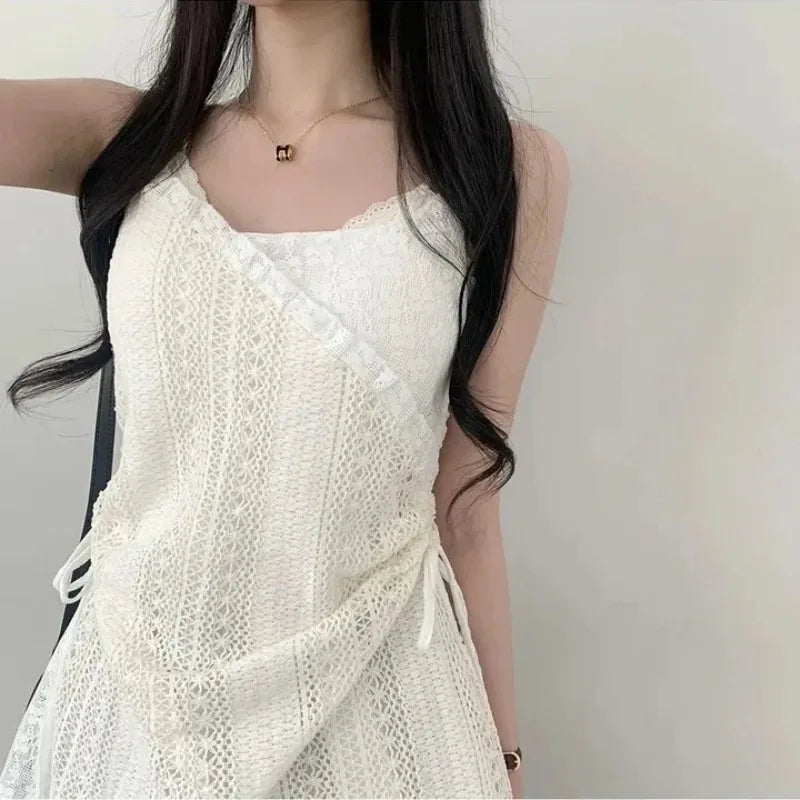 Summer Dress Women Chic French Lace Stitching Sling Shirt Stacked Gauze Knitted Dress Overskirt Inner Wear Base Short Dress - Seprincess