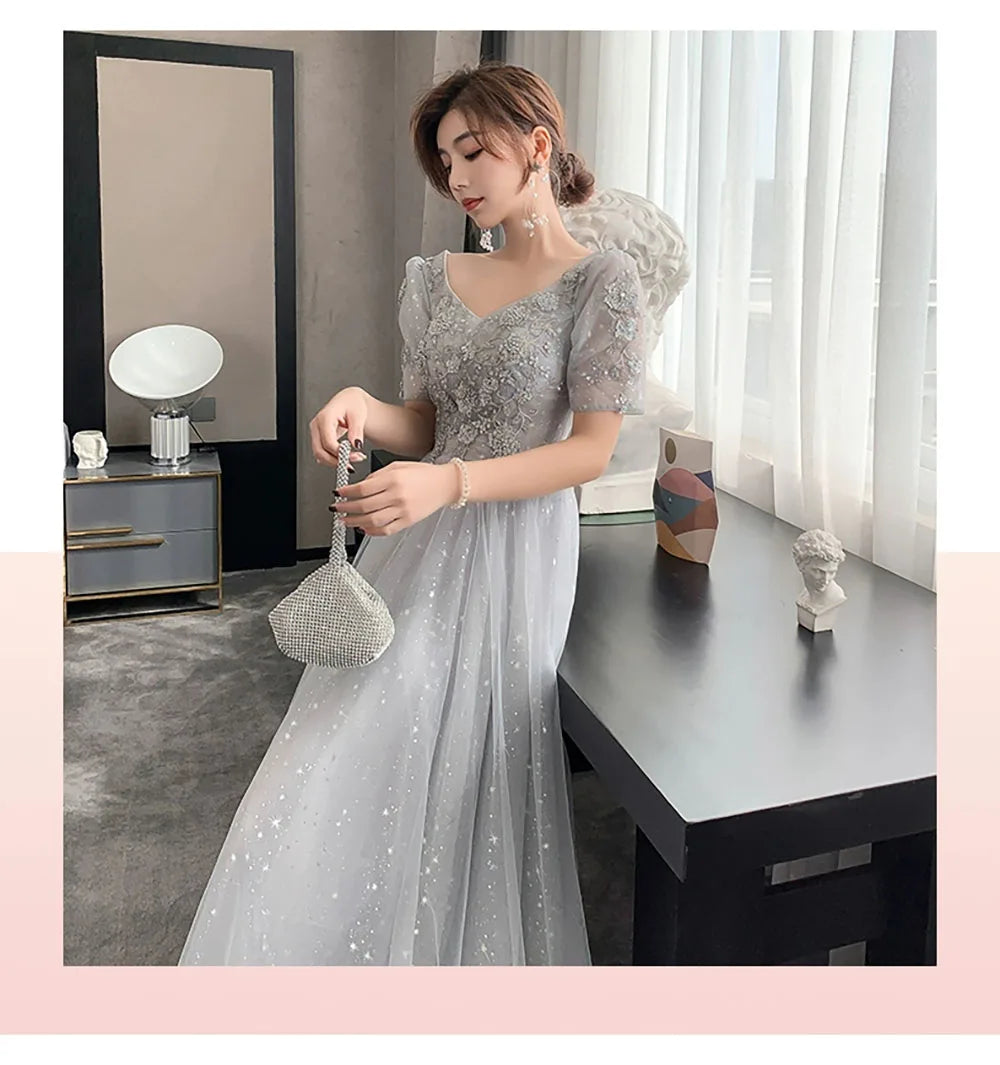 Bridesmaid Dress Women Lantern Sleeve Sequin Tulle Party Dresses Fairy Stage Performance Elegant Ladies Banquet Evening Gown