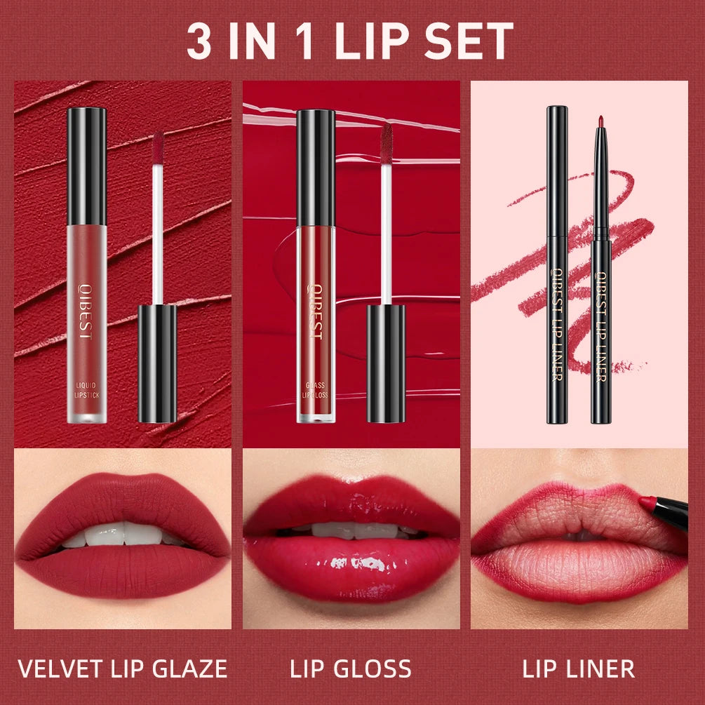 New 3pcs/set Liquid Lipstick+Lip Liner Long Lasting Cosmetic Black Brown Purple Red Matte Lip Gloss Nude Lip Tint Stain Makeup - Seprincess