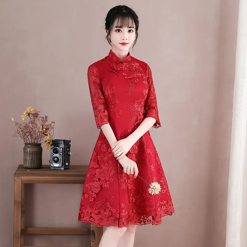 Vintage Chinese Style Wedding Dress Retro Toast Clothing Mini Gown Marriage Cheongsam Qipao Party Evening Dress Vestidos Clothes - Seprincess