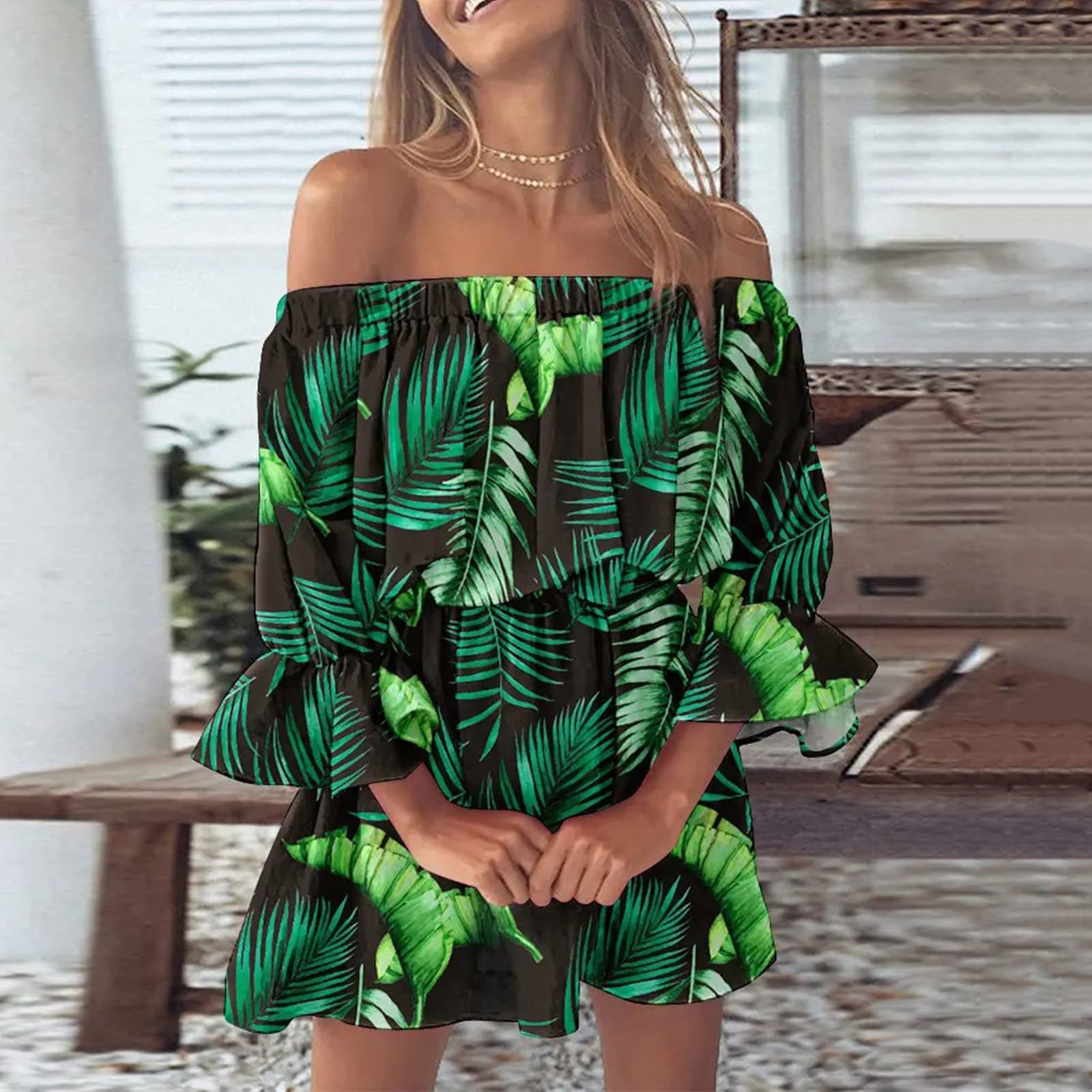 Boho Dresses for Women 2023 Summer Sexy Off Shoulder Floral Print Flare Sleeve Tunic Dress Women Casual Mini Sundress Vestido - Seprincess