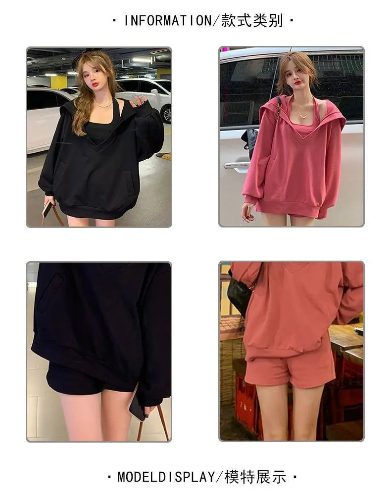 Spring Autumn Korean Version Solid Color V-neck Loose Hooded Coat New Slim Sexy Vest Casual Sweet Two Piece Women Clothing - Seprincess