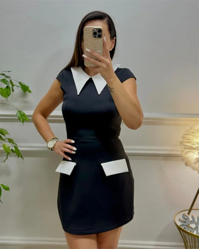 Elegant Fashion A-line Mini Dress Women Peter Pan Collar Cap Sleeve Pockets Patchwork Sheath Slim High Waist Party Short Dresses - Seprincess