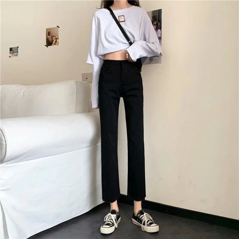 High Waist Straight Women's Jeans Tube Raw Edge Spring Autumn New Denim Jeans Small Nine Points Thin Black Raw Edge Trousers