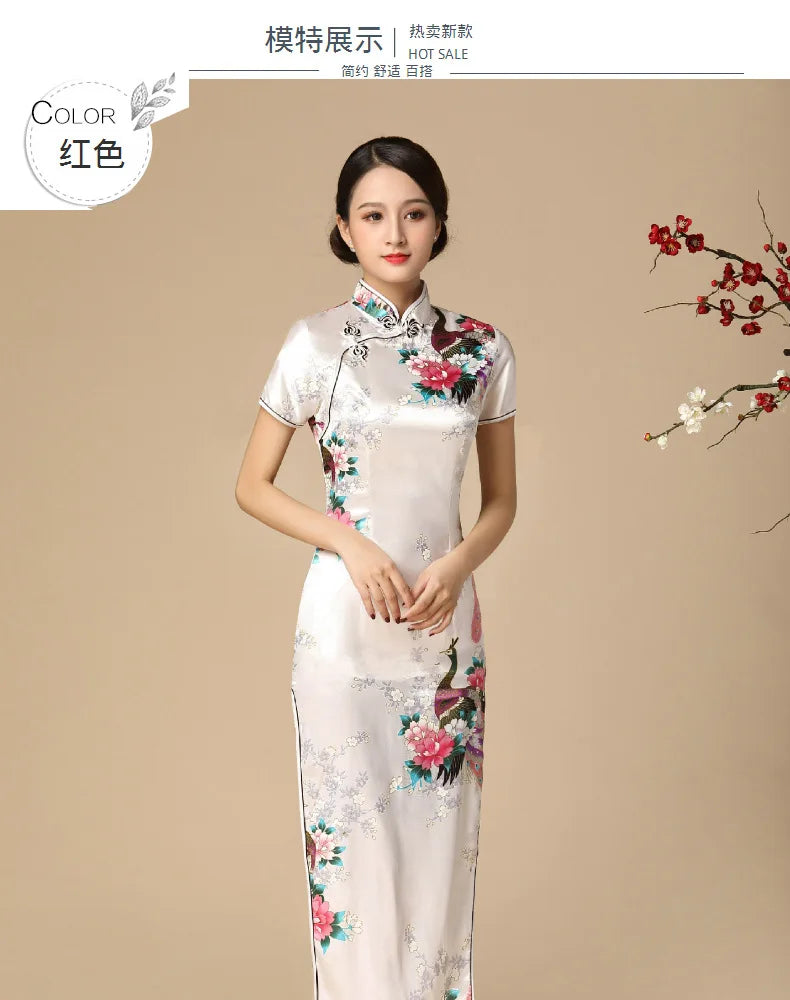 Sexy Cheongsam Chinese Tradition Style Dress Print Satin Qipao Lady Elegant Dresses Summer New Long Qipaos Plus Size 4Xl5Xl6Xl - Seprincess