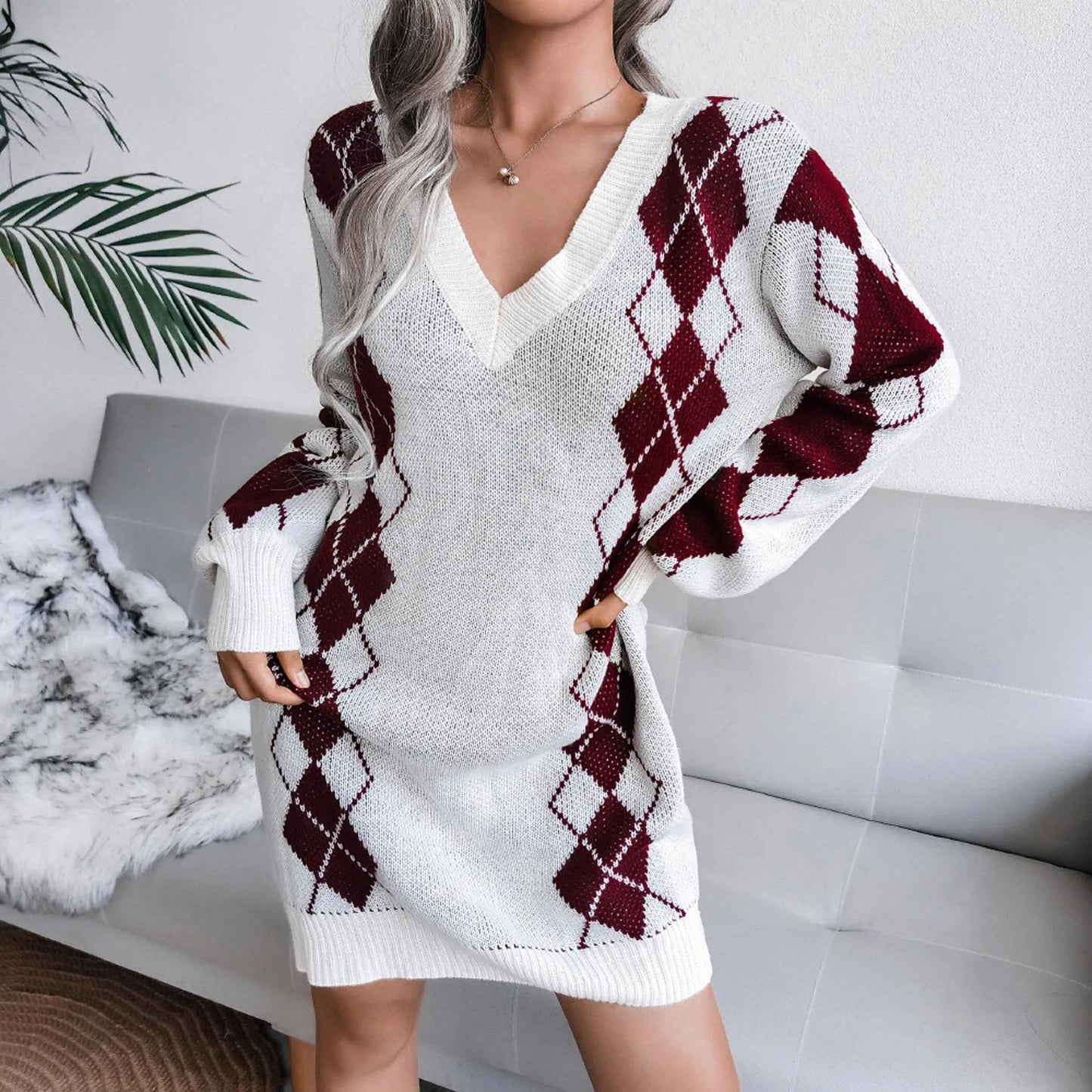 Women'S Autumn And Winter V-Neck Sweater Wrapped Dress Long Sleeve Dress Cembroidery Printing Dress Loose Cardigan For Women 원피스 - Seprincess