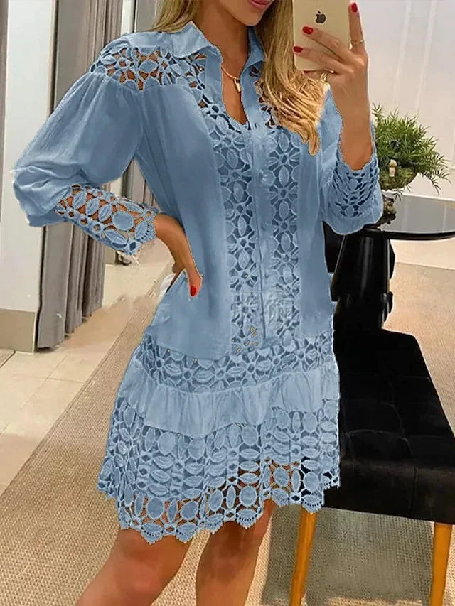 Spring Summer New Long Sleeve For Women's Dresses Solid Color Lace Splicing Fashion Cutout Shirt Elegant Female Sexy Dress - Seprincess