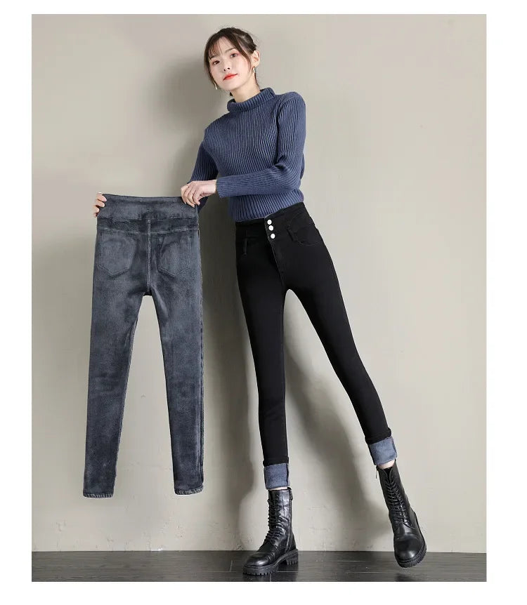 Fleece-lined Jeans For Women New Style Mma Autumn/winter Casual Slimming Student Fashion Trendy Smooth Silhouette