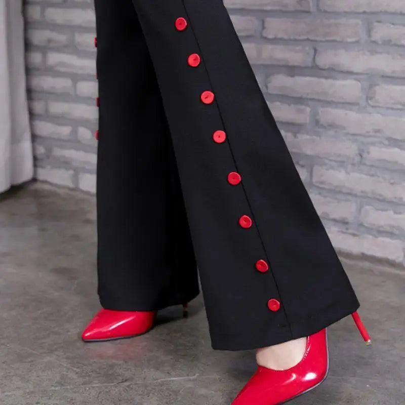 Summer Fashion Simple Slim Straight Flare Pants Women Solid High Waist Button Zipper Pocket Casual Versatile Elastic Trousers