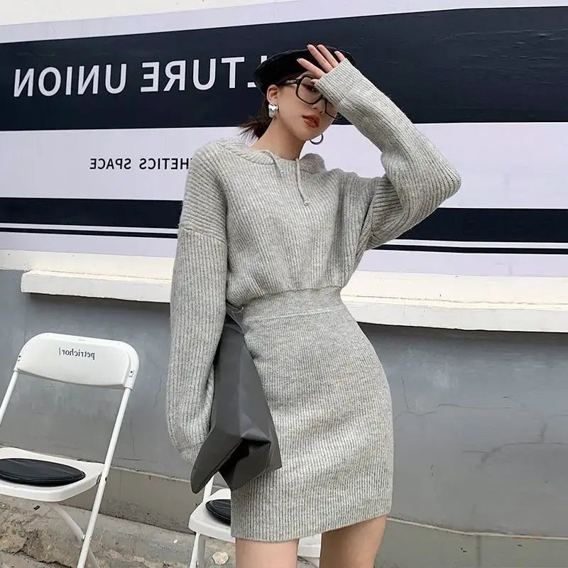 Women Winter Dress Knitted Sweater Solid Slim Elastic Hoodie Dress High Waist Vintage Pullovers Sniper Style Mini Dress Korean - Seprincess