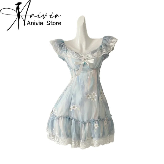 Women Blue A-line Lace Bow Dress Vintage Elegant Sleeveless Kawaii Flower Print Dresses Y2k One Piece Frocks 2000s Clothes 2024 - Seprincess