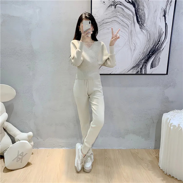 Elegant Tracksuit Sexy Two Piece Set Women Korean Style Ribbed Knitted Backless Top And Long Harem Pant Suit Autumn Outfits y2k - Seprincess