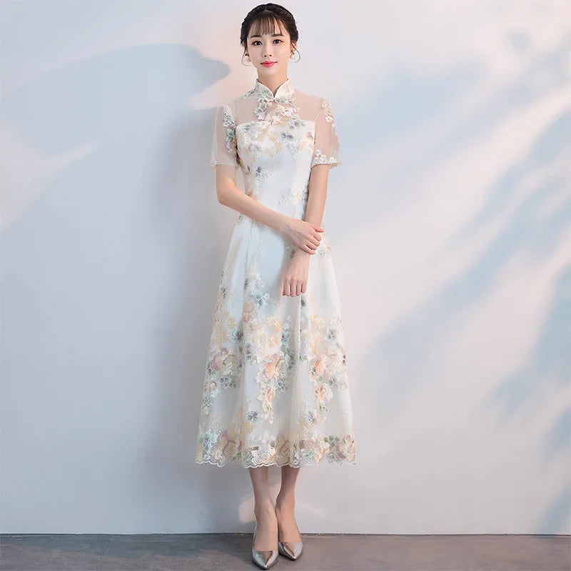 Champagne Sweet Elegant Bridesmaid Dress Women Temperament Formal Party Gown Exquisite Floral Embroidery Novelty Cheongsam - Seprincess