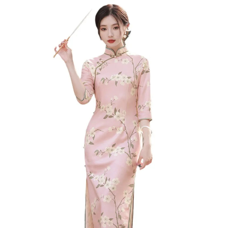 Elegant Print Qipao Chinese Style Costume Suede Fabric Long Cheongsam Stand Collar Mid Sleeve Side Slit Slim Fit Dress for Women - Seprincess