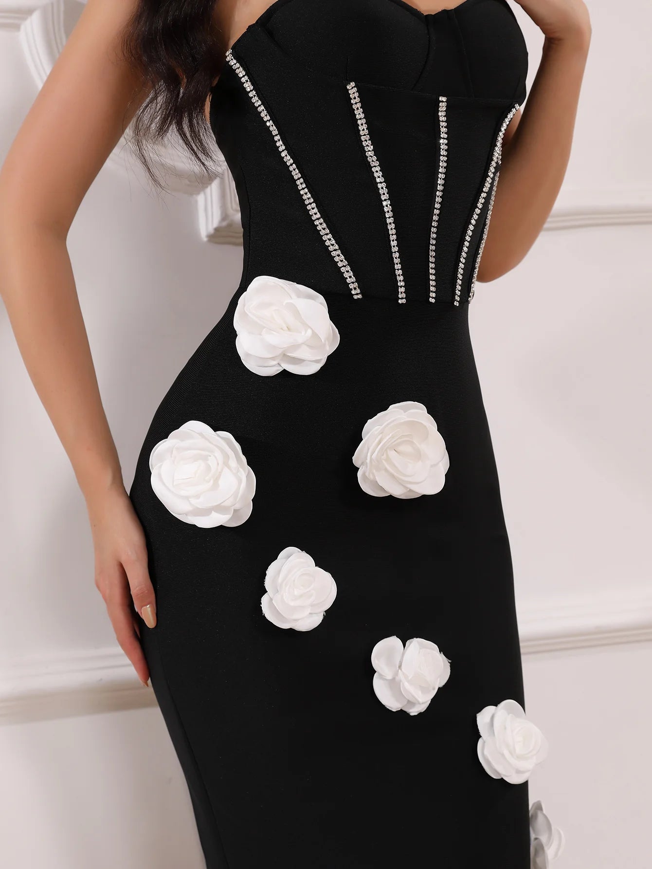 Luxury Handmade Bandage Dress Sparkling Diamond Flower Sexy Bodycon Celebrity Banquet Cocktail Party Ball Elegant Evening Dress - Seprincess