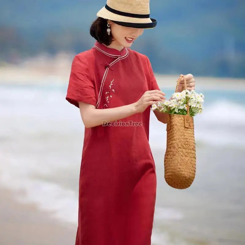 2023 chinese red women loose casual improved cheongsam dress summer new short-sleeved cotton linen embroidery qipao dress s494 - Seprincess