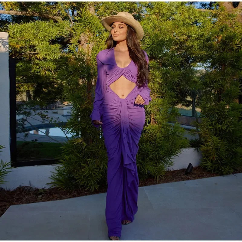 Sexy Purple Deep V-neck Hollow Out Pleated Maxi Dress Women Elegant Long Sleeves Bodycon Dresses 2024 New Female Holiday Robes - Seprincess