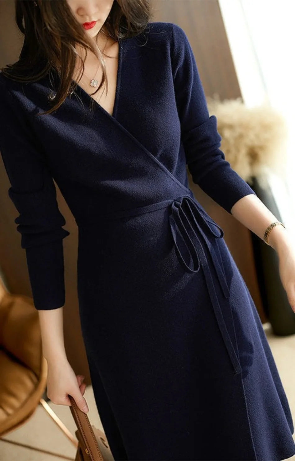 Womens Dresses V-neck Wrap Up Dress for Women Autumn Winter 2023 New Woman Clothing Korean Version Loose Elegant Knitted Skirt - Seprincess