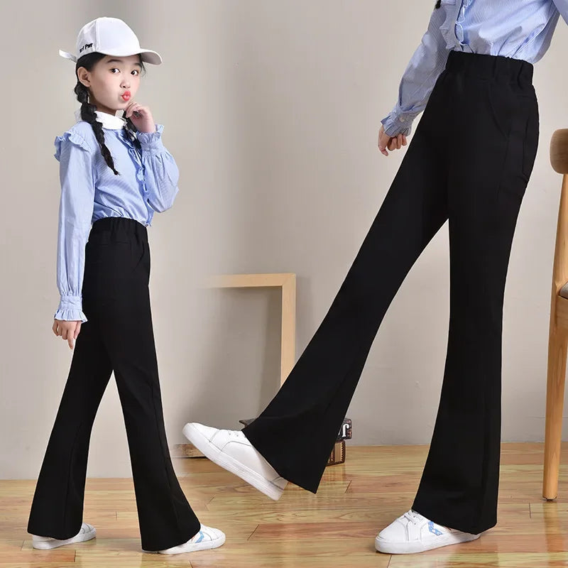 Fashionable Black Bell-bottom Kids Pants For Girls Spring/autumn Outerwear Style Children's Trousers Stylish Children's Pants