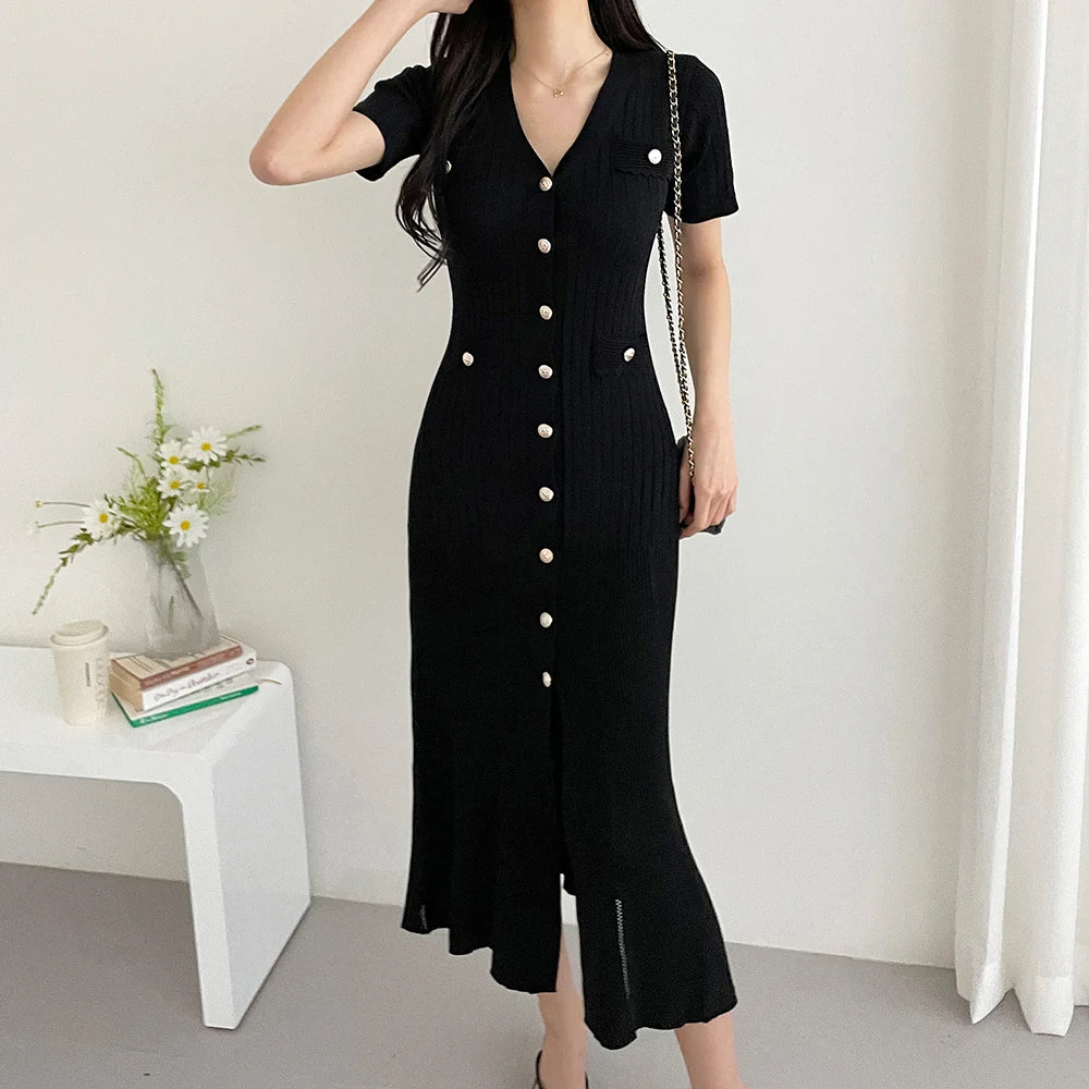 Summer Midi Dress Women Knitted Black Bodycon Korea Style Ruffle Ladies Dresses Elegant Fashion Casual Woman Dress 2024 - Seprincess