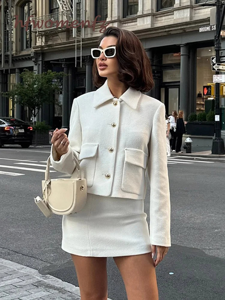 Women Elegant Solid Jacket 2 Piece Set Fashion High Waist Solid Cropped Mini Skirt Suit 2024 Autumn Lady New in Matching Outfits - Seprincess