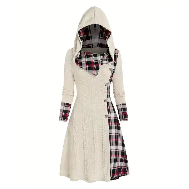 2024 Autumn Winter Chic Plaid Hooded Dress Women Knit Sweater Long Sleeve A Line Style With Trendy Splicing Perfect Casual Wear - Seprincess