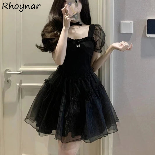 Black Mini Dress Women Bodycone High Waisted Puff Sleeve Sexy Summer Kawaii Girlish Lolita Vintage A-line Vestidos Temper French - Seprincess