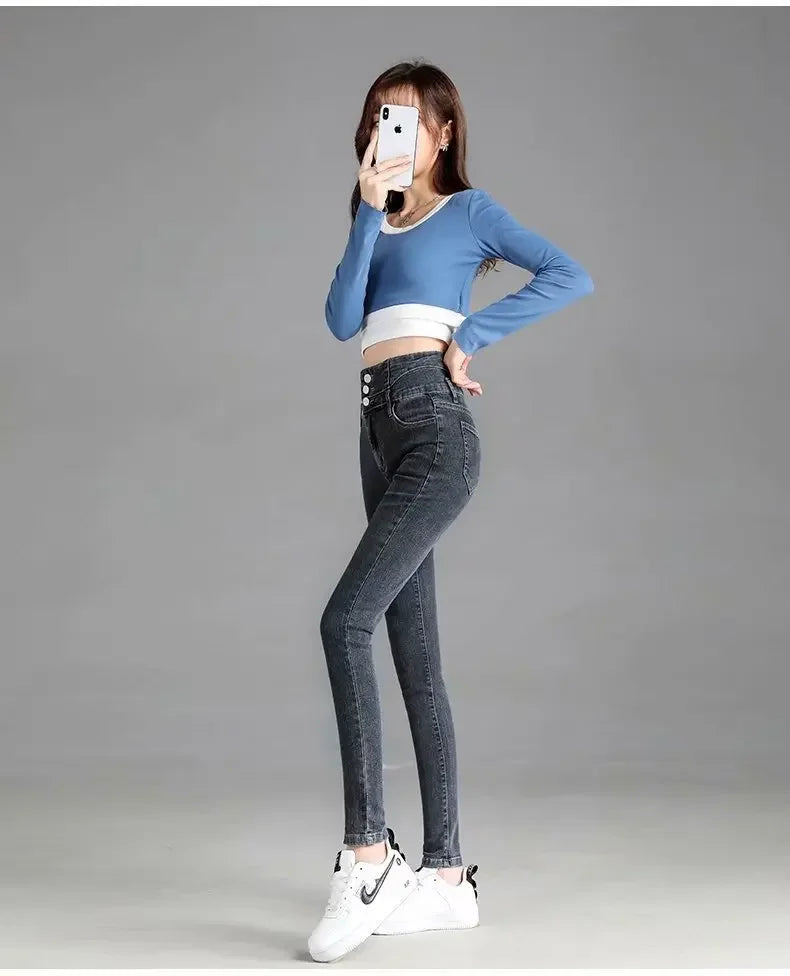 Thickened High-waisted Fleece-lined Jeans Women's Black Grey Slimming Winter 2021 New Style Tightening Integrated Velvet Pants