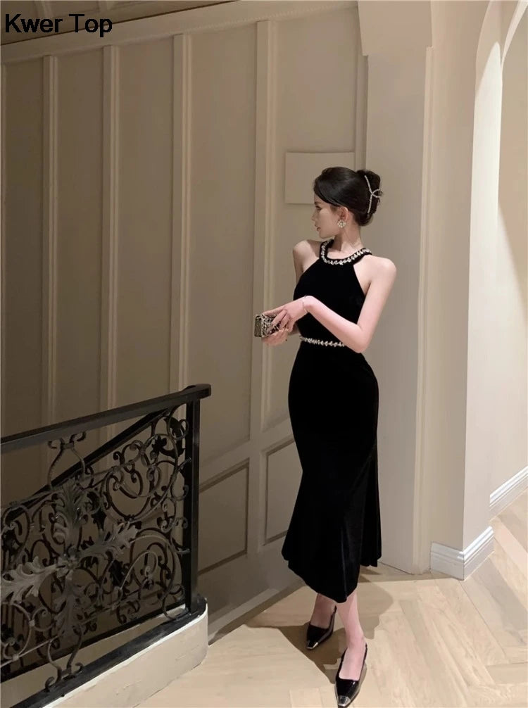 Woman Sexy Backless Bow Black Mermaid Dresses French Vintage Temperament Party Dress Ladies Chic Luxury Velvet Robe - Seprincess