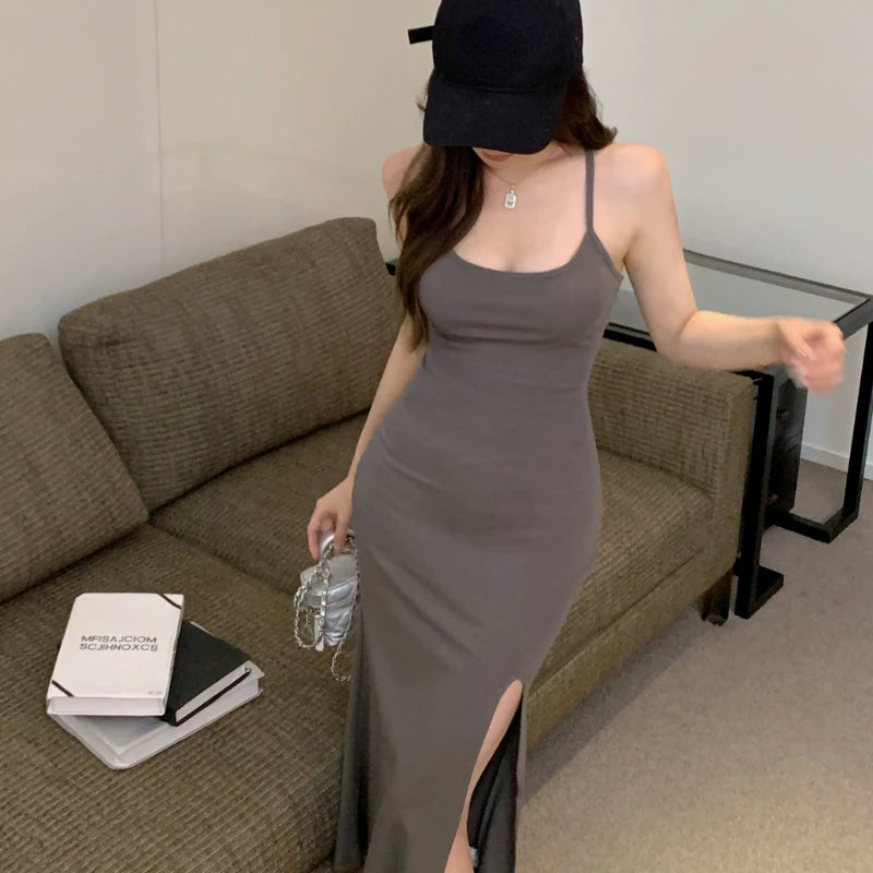 Backless Dresses Women Sexy Streetwear Simple Casual Korean Style Hotsweet New Summer Elegant Charming Mature Popular Slit Ins - Seprincess