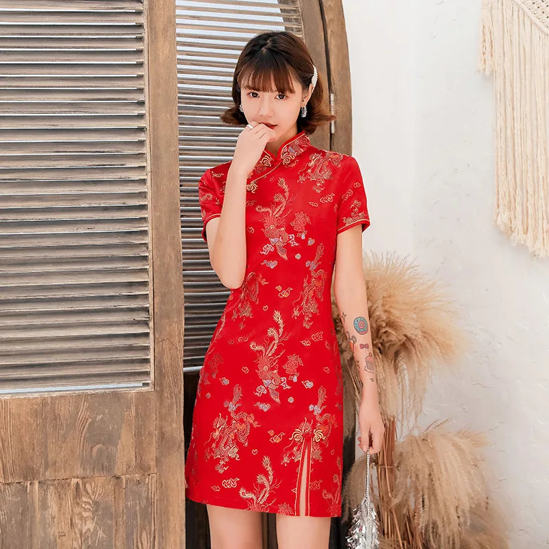 Front Fork Dragon&Phoenix Qipao Elegant Women Cheongsam Old Shanghai Mandarin Collar Sexy Short Chinese Dress Vestido - Seprincess