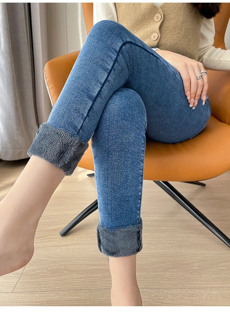 Black Fleece Warm Women Winter Jeans Thickened High Waist Multi-button Skinny Stretch Denim Pants Fashion Korean Female Trousers