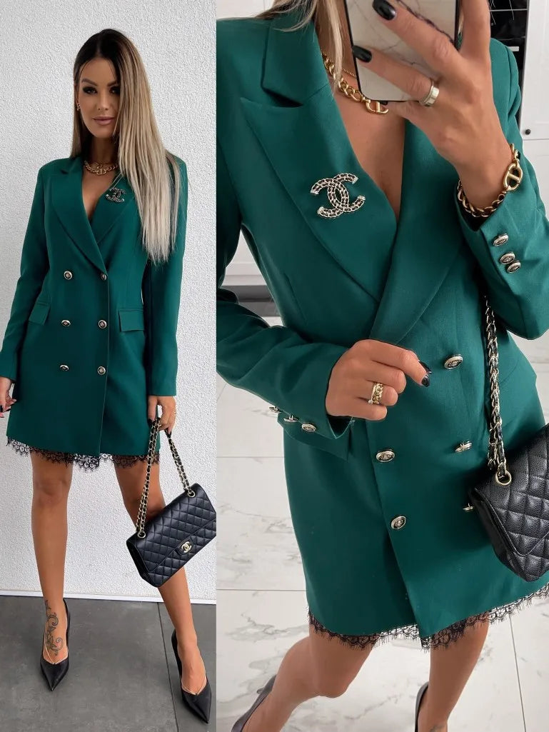 Office Lady Blazer Suit Dress Fashion Wrap V Neck Turndown Collar Sexy Mini Dress Women Long Sleeve Solid Blazer Party Dress - Seprincess