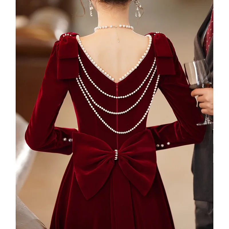 Burgundy Velvet Evening Dress Elegant Beaded Square Collar Engagement Dresses Temperament Bow Long Sleeve Formal Banquet Gown - Seprincess