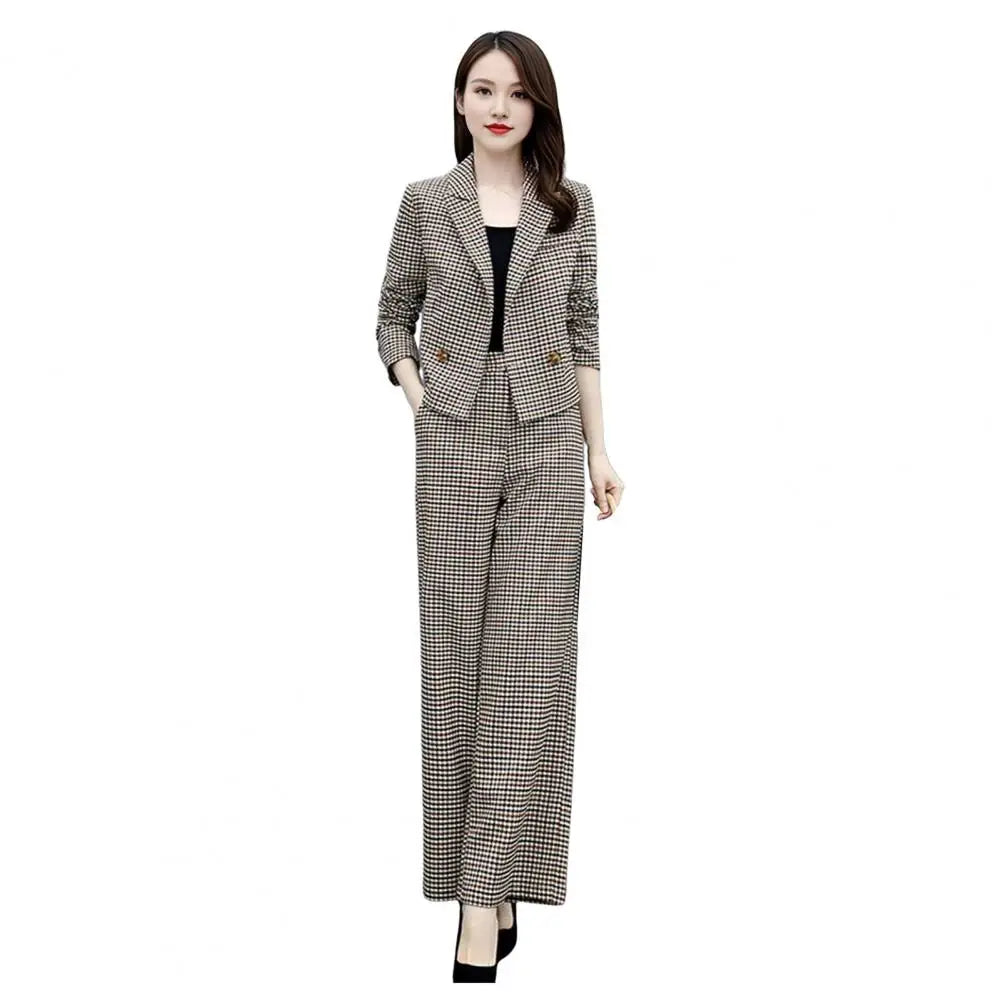 Female Formal Plaid Blazer 2 Pieces Sets Korean Office Long Sleeve Short Suit Tops High Waist Wide Leg Pants Lady OL Outfit - Seprincess