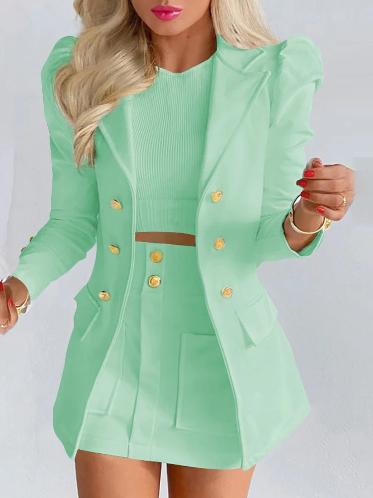 New Lady Office Solid Color Puff Sleeve Suit + High Waist Button Skirt Two-Piece Set Women Spring Fashion Blazer Commute Outfits - Seprincess