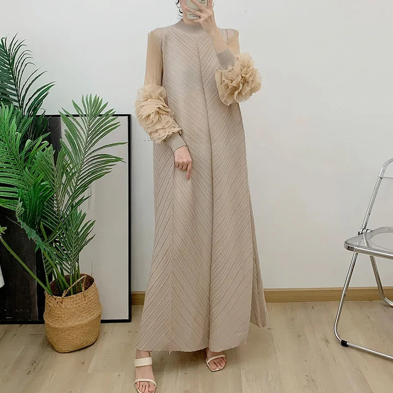 ANLAN Miyake Pleated Maxi Long Dress Mesh Petal Sleeve Half Turtleneck Formal Dresses for Women 2024 New Hot Sales 6KK9927 - Seprincess