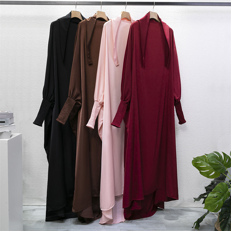 Muslim Abaya Hooded Smocking Sleeve One-piece Prayer Dress Women Jilbab Islamic Clothing Dubai Saudi Black Robe Turkish Modesty - Seprincess