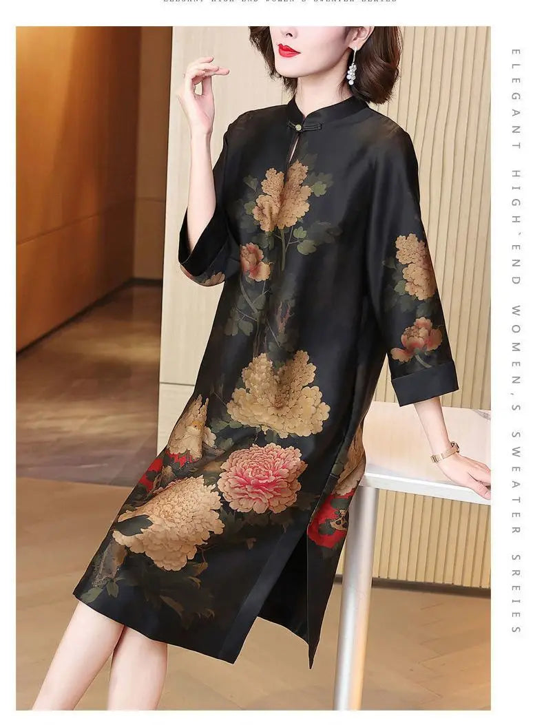 2024  chinese style disc buckle loose style printed cheongsam dress women spring stand collar retro daily long qipao skirt w300 - Seprincess