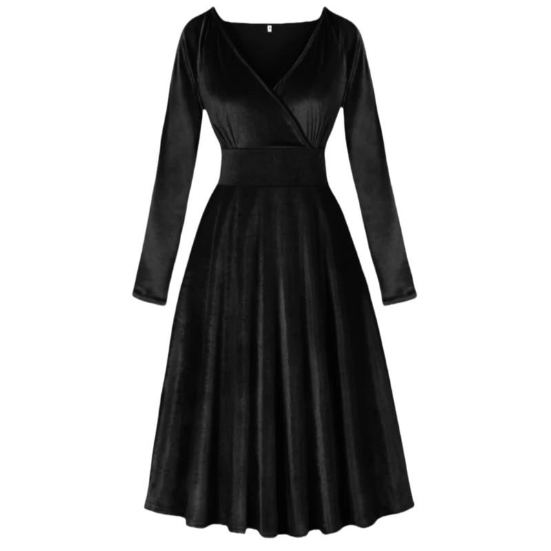 Elegant party solid color black velvet temperament V-neck cinched waist slimming versatile long sleeved dress - Seprincess