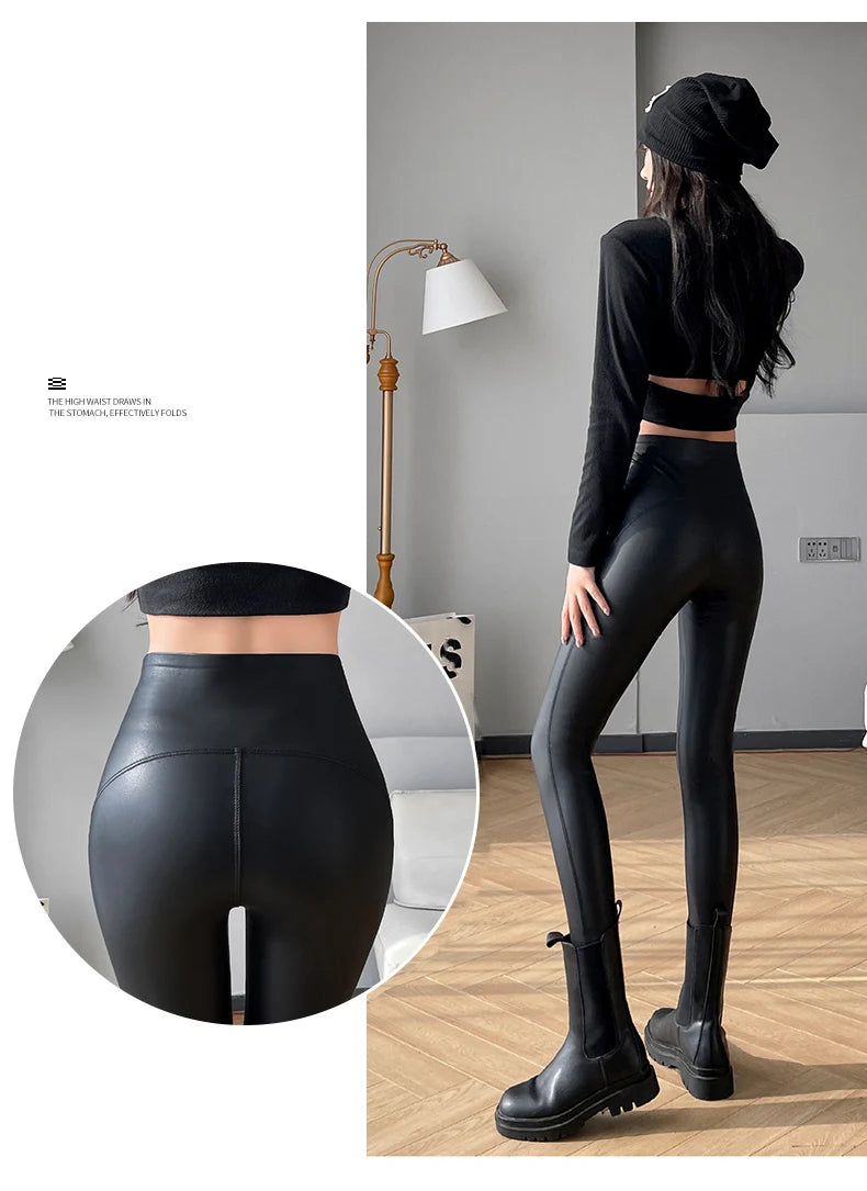 Autumn Winter Women Fleece Matte Leather Leggings High Quality Sheepskin High Waist Elastic PU Leather Pants Slim Sexy Leggings