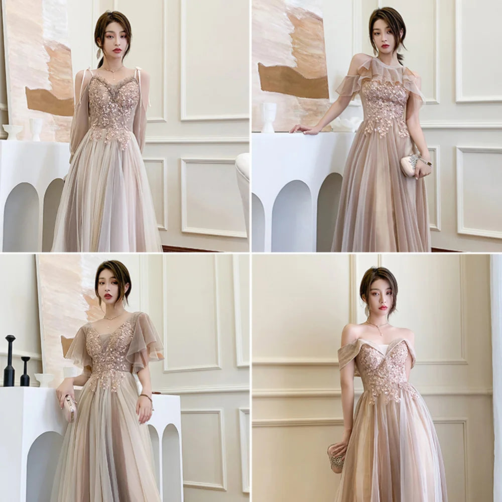 4 styles Champagne Pink Bridesmaid Dress Women's Elegant Off Shoulder Ruffles Sleeves Gown Sequins Flower Applique Vestido - Seprincess