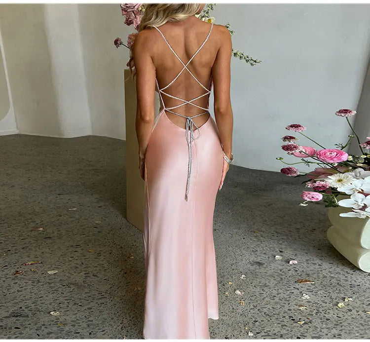 Summer Sexy Backless Dress Women's Solid Color Slim Lace Up Long Dresses Fashion Elegant Formal Dress Split Party Camisole Dress - Seprincess