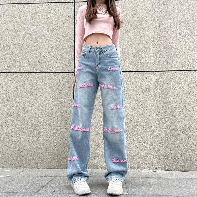 Black and Red Letter Embroidered Jeans Female Y2K Spring and Autumn New High Waist Loose Couple Casual Slim Wide Leg Mop Pants