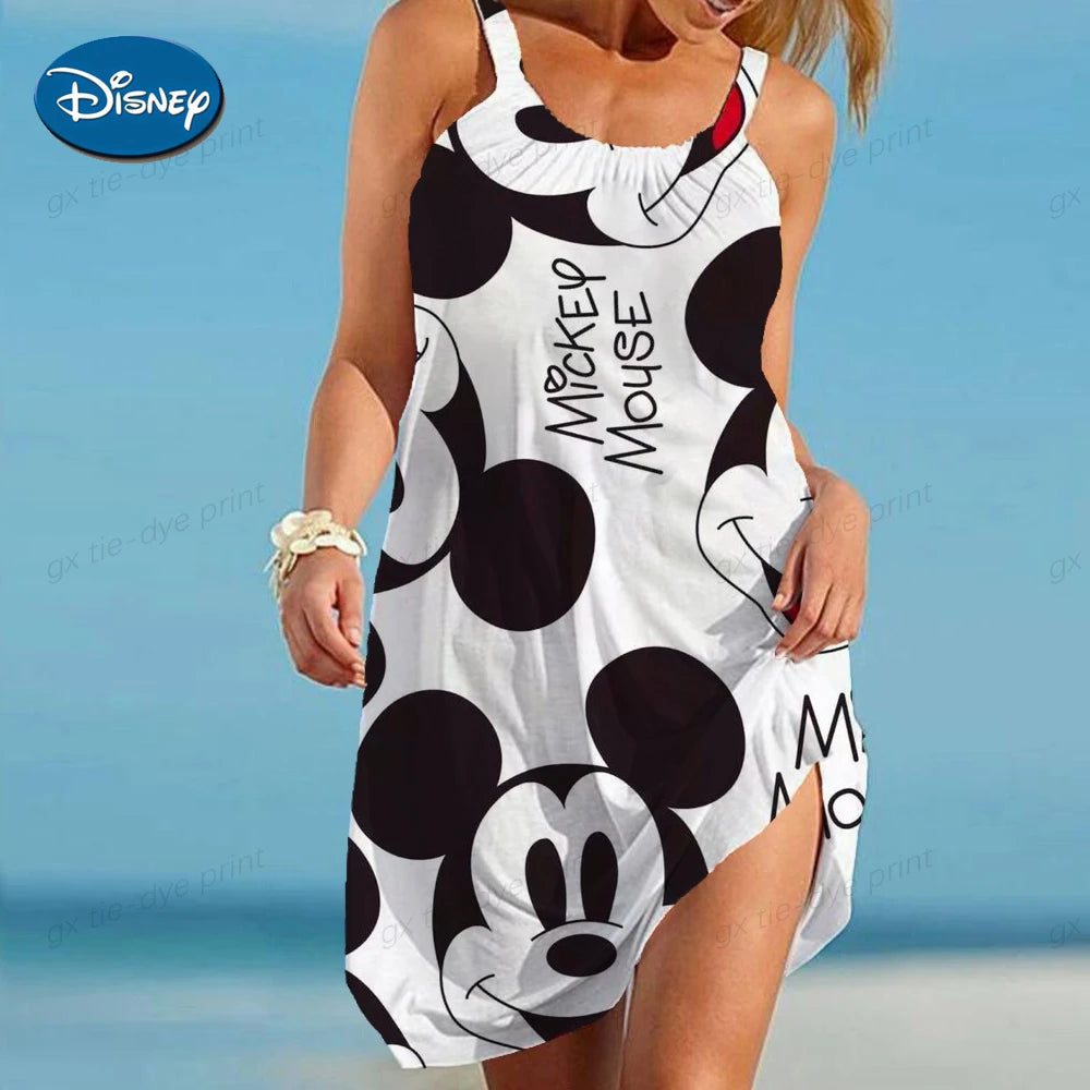 2024 New Big Swing Off Shoulder Loose Sundress S-3xl Summer Dresses Disney Mickey Mouse Strap Beach Dress For Women - Seprincess