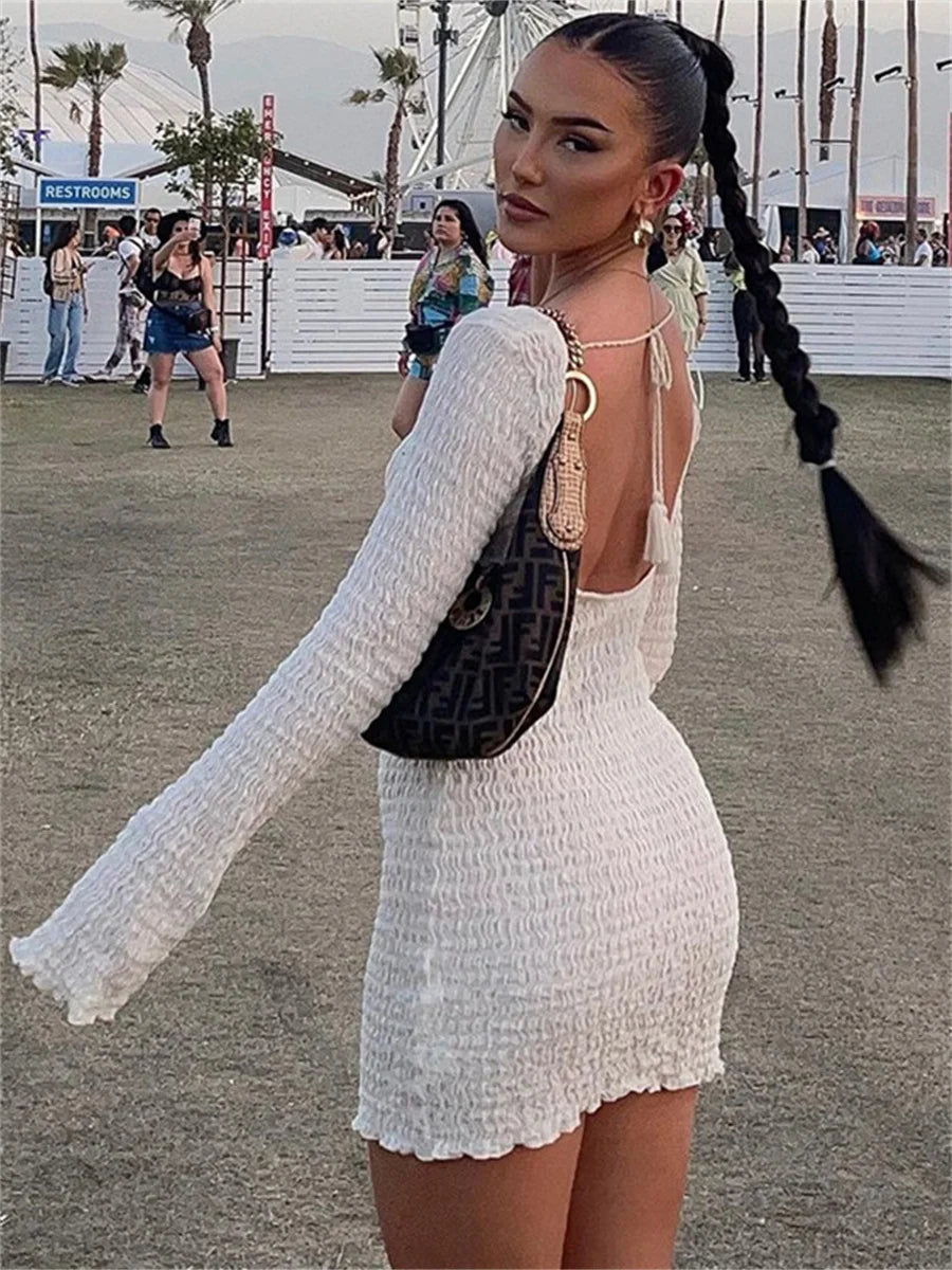 wsevypo Backless Bandage White Beach Dress 2022 New Holiday Casual Streetwear Women Long Sleeve O-Neck Wrap Short Dresses - Seprincess