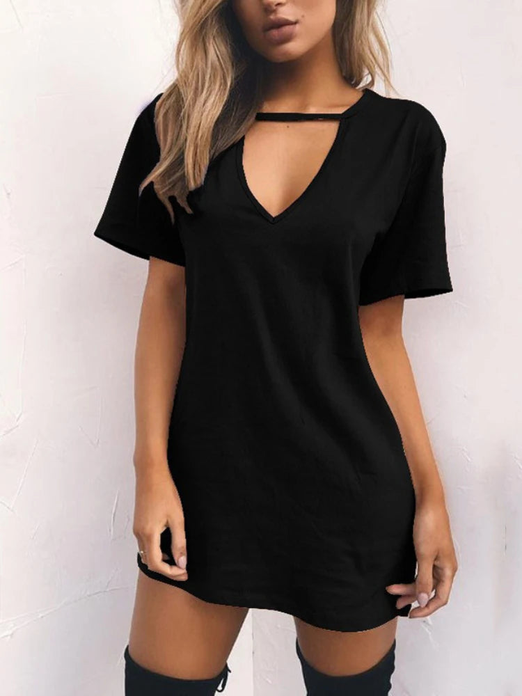 Sexy Elegant Dress Wrap Deep V Neck Cut Out Loose Dress Women Solid Color Short Sleeve Mini Dress Club Party Vestidos - Seprincess