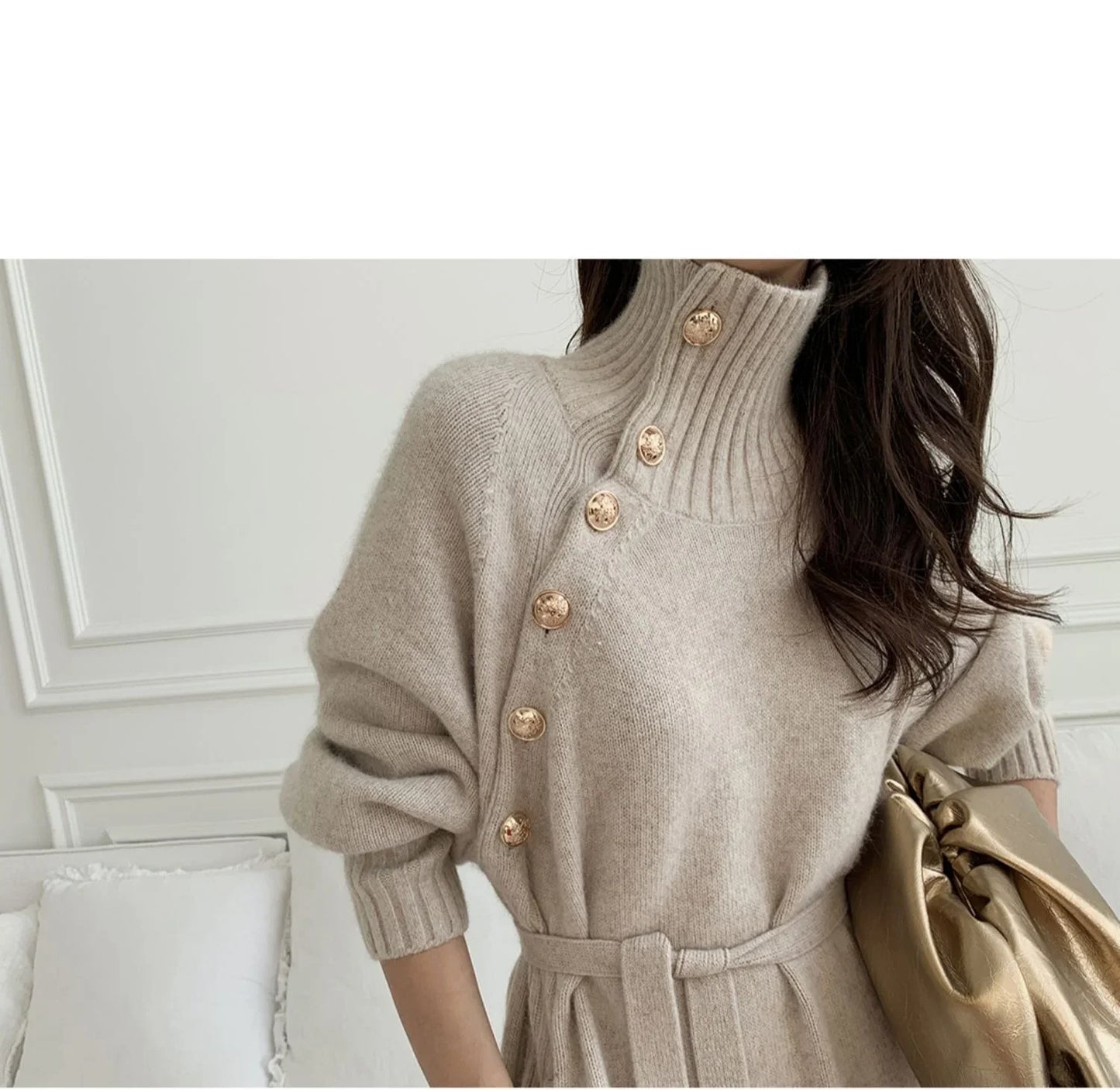 Winter Turtleneck Buttons Women Knitted Dress Elegant Full Sleeve Lace-up Female Thicken Long Dress for Sweater Autumn New - Seprincess