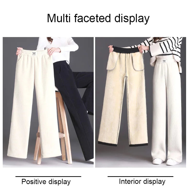 Women Warm Winter Plush Thick Pants Lambskin Cashmere Trousers High Waist Cotton Fleece Loose Female Plus Velvet Wide Leg Pants